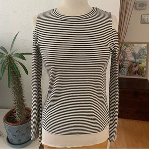 Lush Striped Cold Shoulder top; black stripes on off-white; long sleeves; ribbed